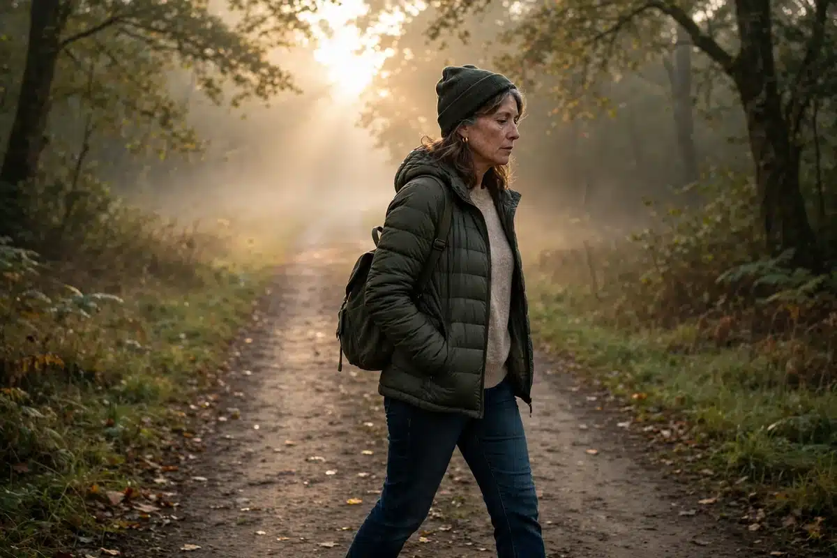 Photo of a woman in her 40s walking alone on a quiet path at sunrise, contemplative, soft golden light