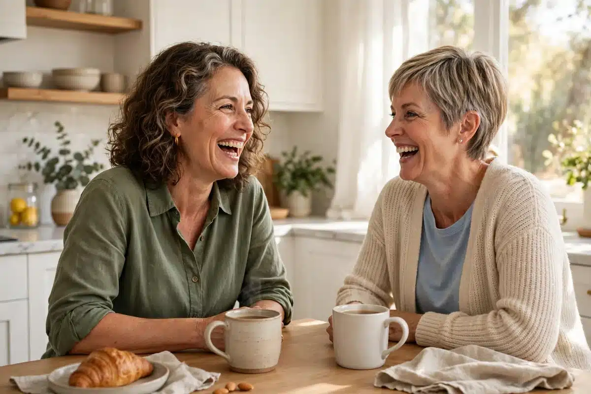 Photo of a woman in her 50s laughing with a close friend over coffee in a bright kitchen, warm, natural light