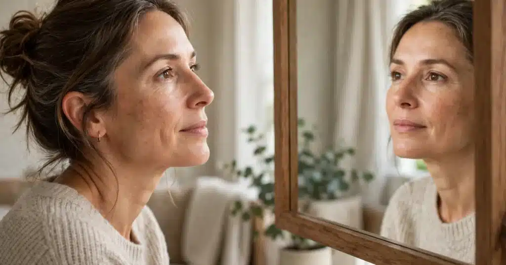 Photo of a woman in her 40s looking calmly at her reflection in a mirror at home, reflective, soft natural light