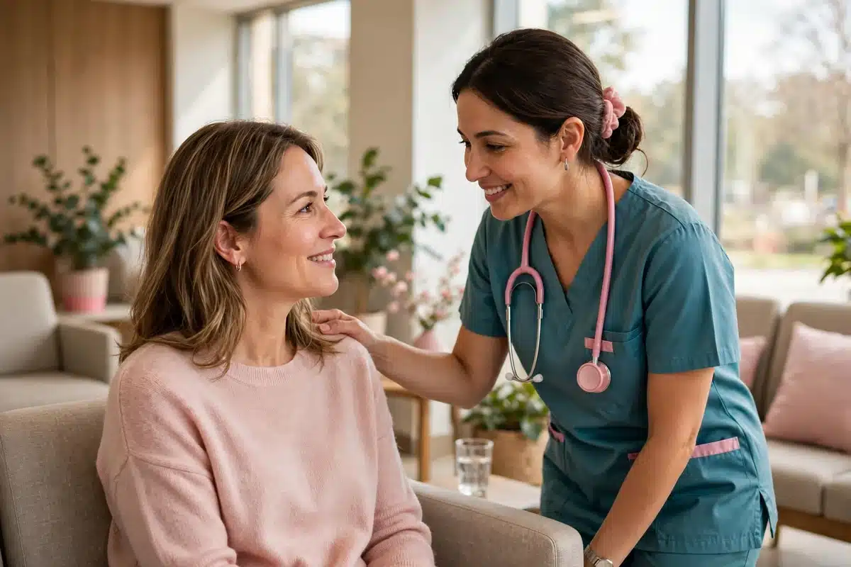 A nurse offering a comforting hand on a patient's shoulder in a bright waiting area