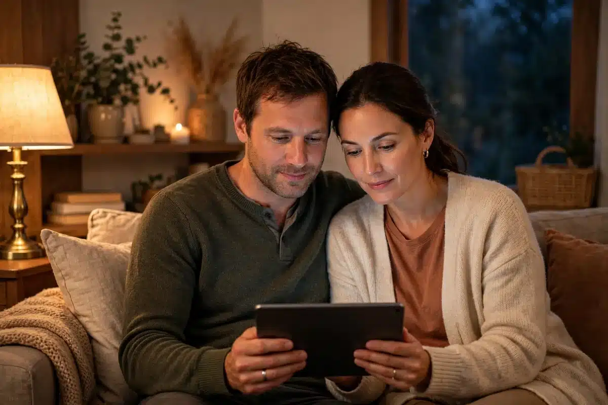 A husband and wife sitting close together on a couch at home in the evening