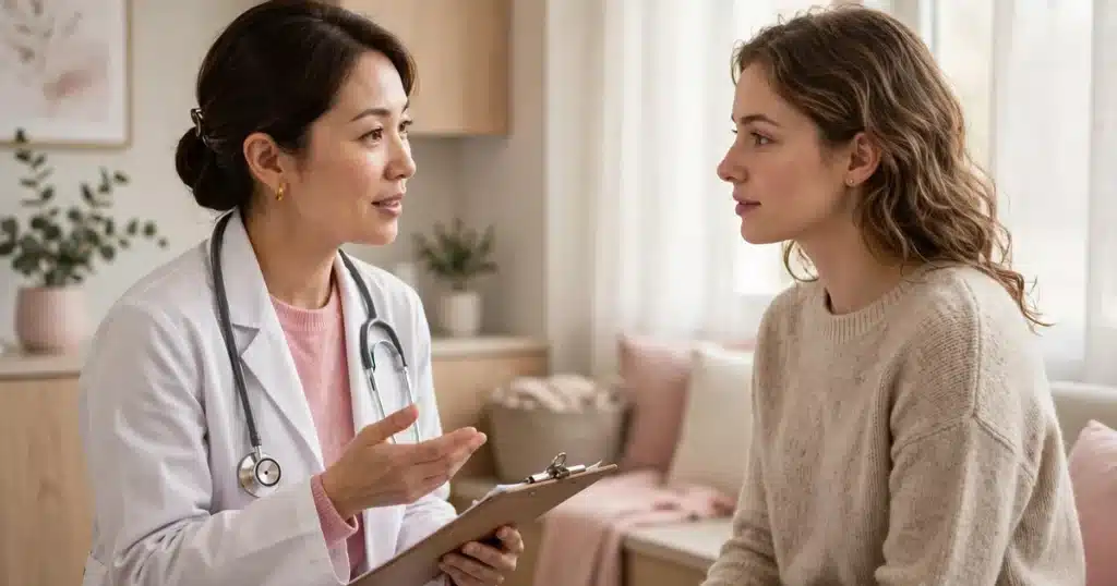 A doctor explaining lab results to a woman patient in a bright clinic exam room