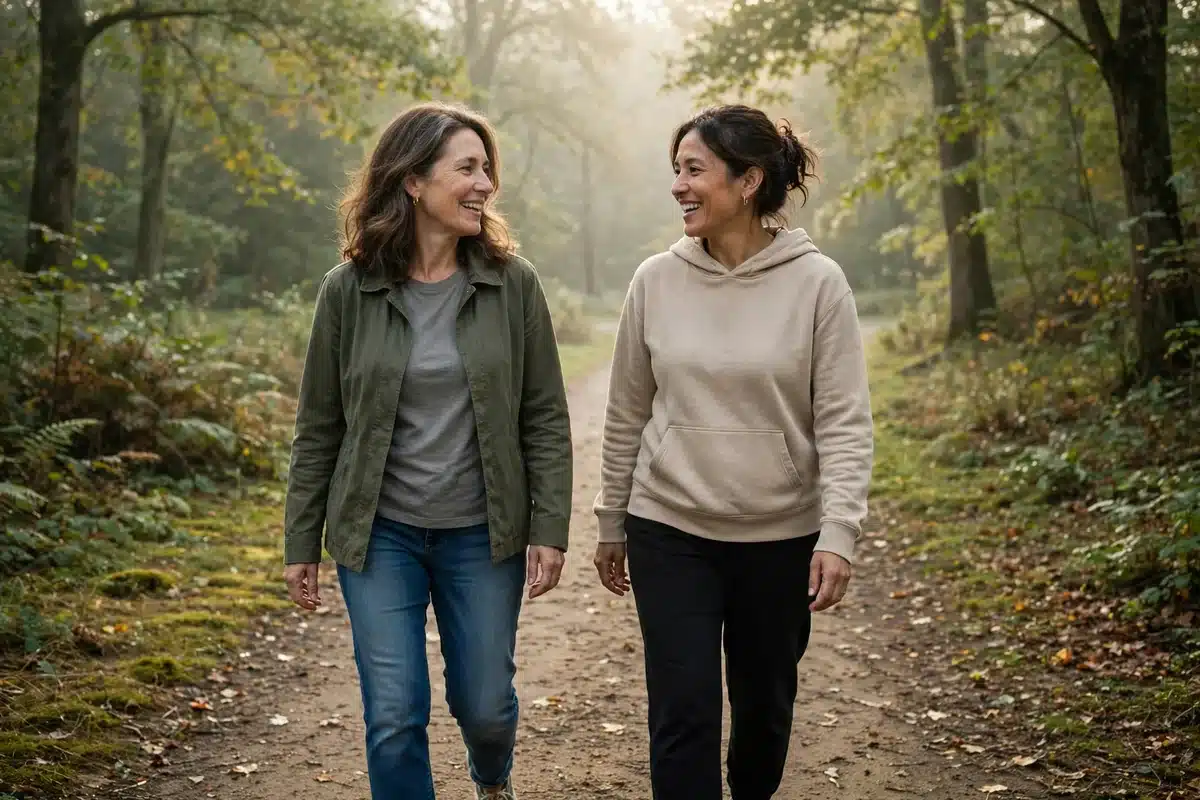 Photo of a woman in her 40s walking with a close friend along a quiet park trail in soft morning light, talking, supportive mood, casual plain clothing, no readable text, no logos