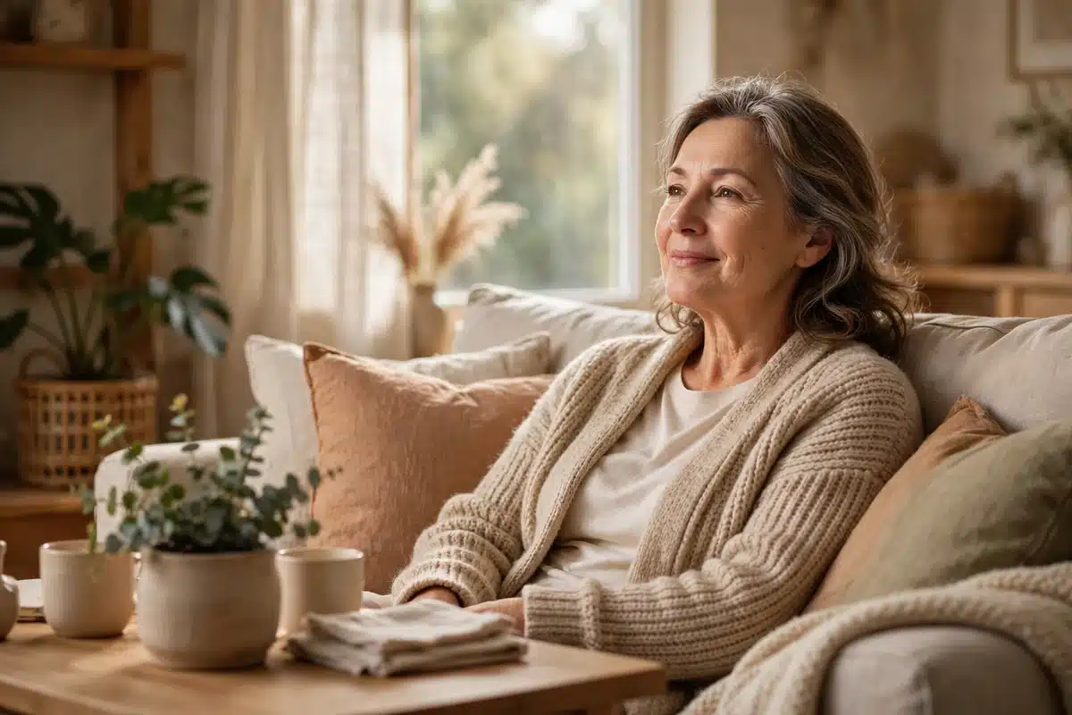 Photo of a woman in her 50s relaxing on a comfortable sofa at home with soft natural light from a window, peaceful and hopeful expression, warm interior, no readable text, no logos