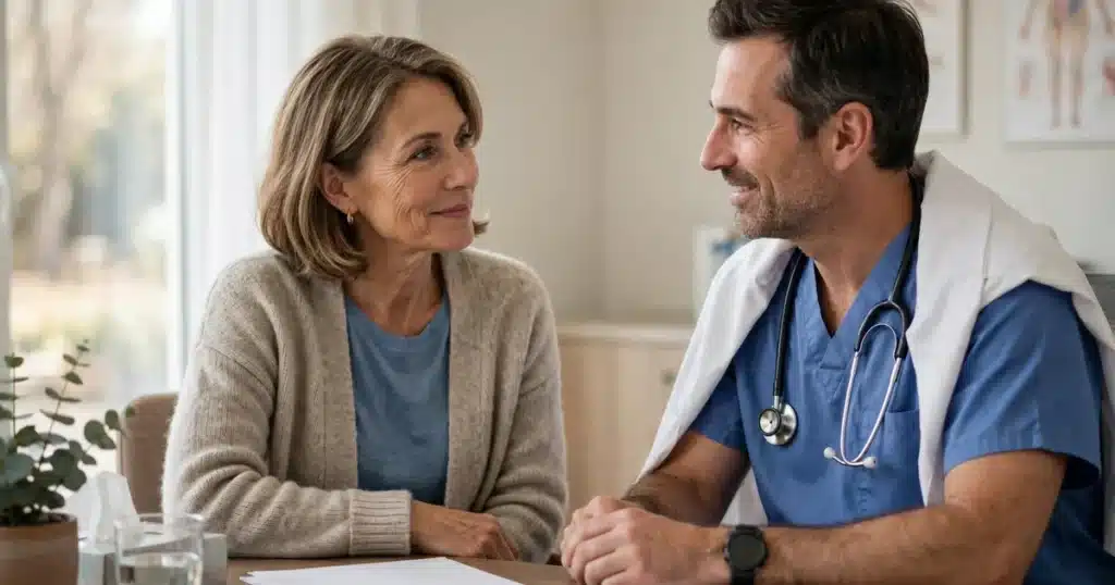 Photo of a woman in her 50s in a calm conversation with a surgeon in a bright consultation room, attentive and hopeful, natural window light, no readable text, no logos