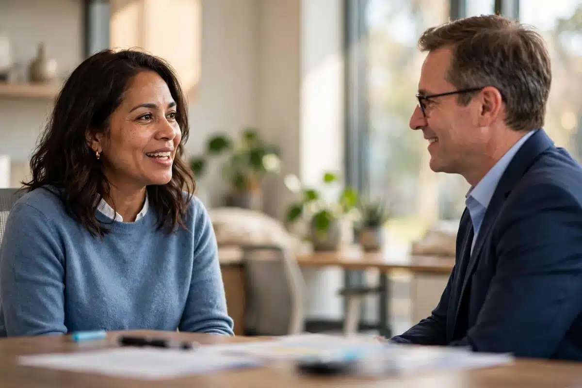 Photo of a woman speaking with a hospital financial counselor across a desk