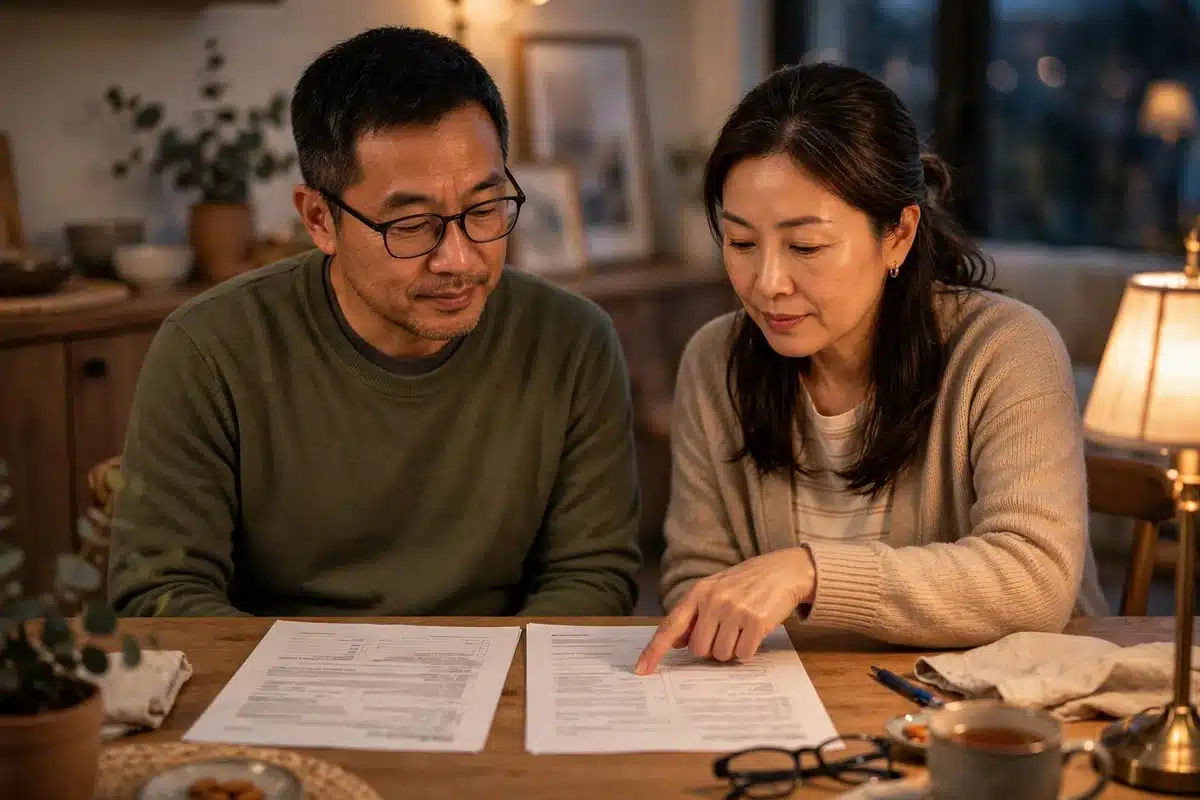 Photo of a couple comparing two insurance documents side by side at home