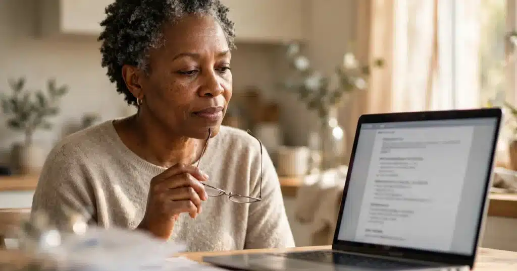 Photo of a woman reviewing a health insurance provider list on a laptop at her kitchen table