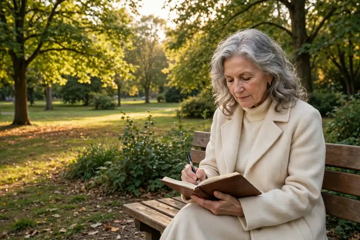 Photograph of an older woman with long wavy grey hair in a cream coat sitting on a park bench, writing in a journal