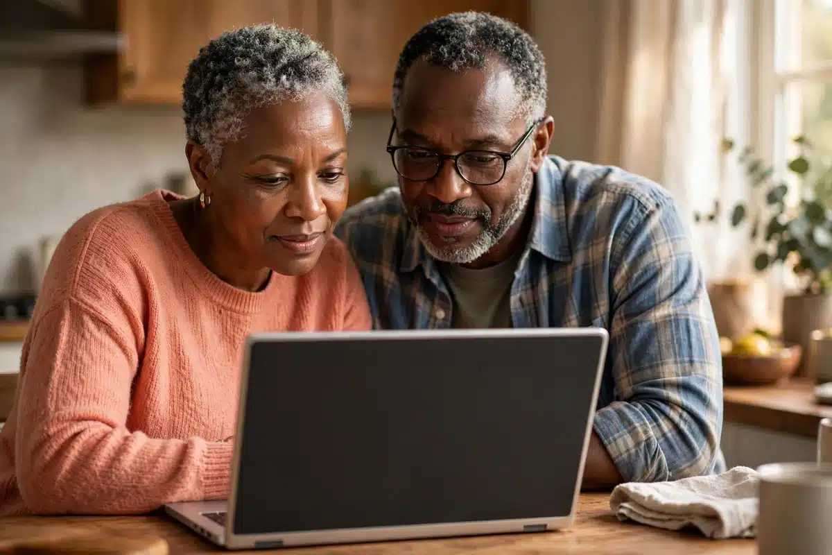 Photograph of an older couple at a kitchen table looking at a laptop together, the woman in a peach sweater and the man in a plaid shirt and glasses