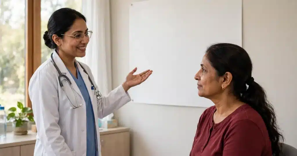 Photograph of a doctor in a white coat with a stethoscope explaining something with an open hand to a seated woman in a maroon top in a bright exam room