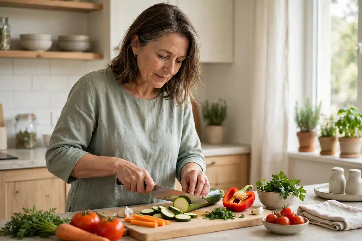 Photo of a woman in her 50s preparing vegetables on a clean chopping board in a bright home kitchen