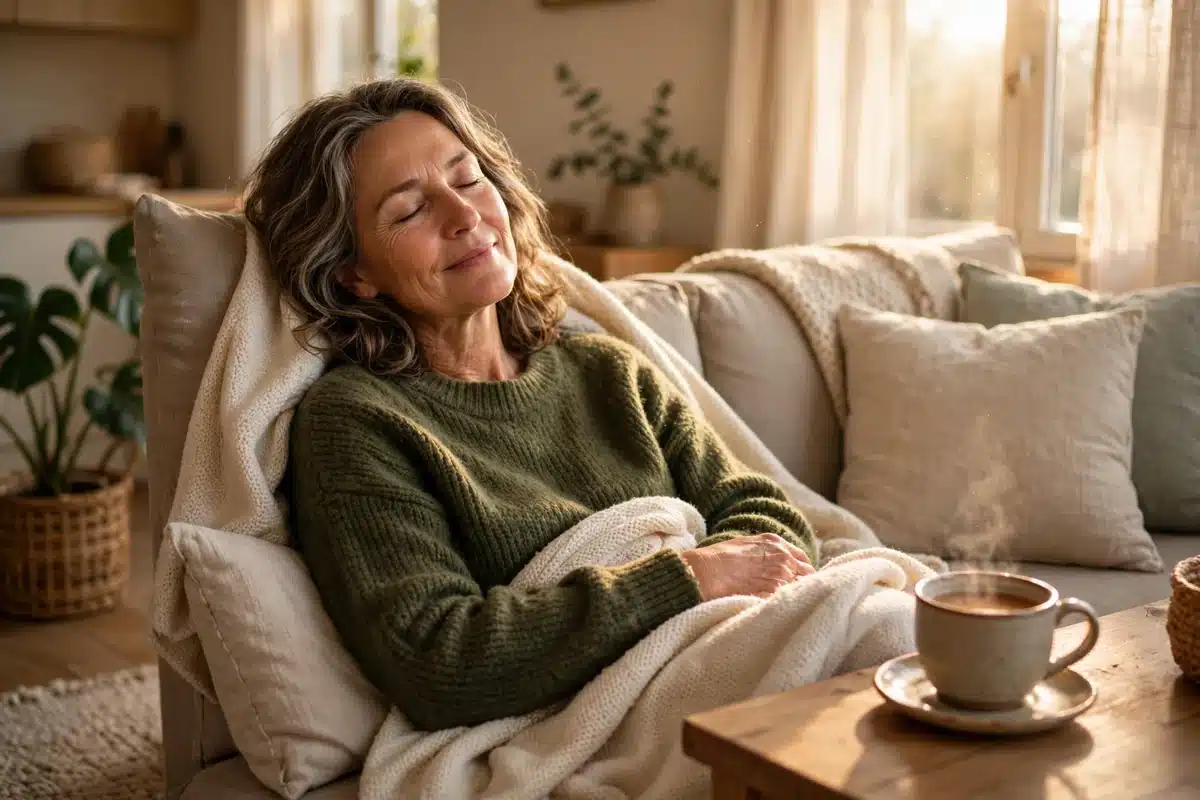 Photo of a woman in her 50s relaxing at home on her sofa with a blanket and a cup of tea in soft light