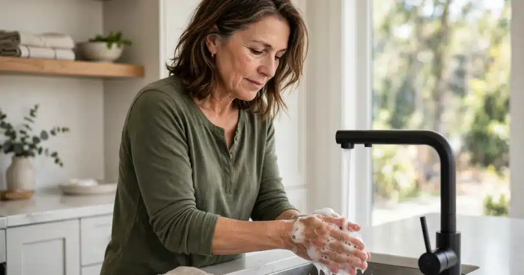 Photo of a woman in her 50s washing her hands at her kitchen sink at home in bright natural light