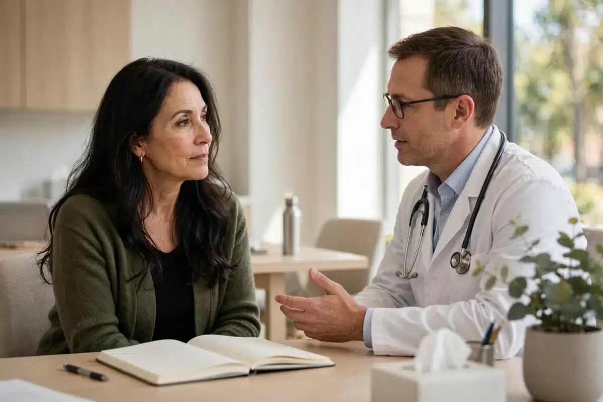 Photo of a woman talking with her oncologist across a desk in a bright clinic office, a notebook open in front of her