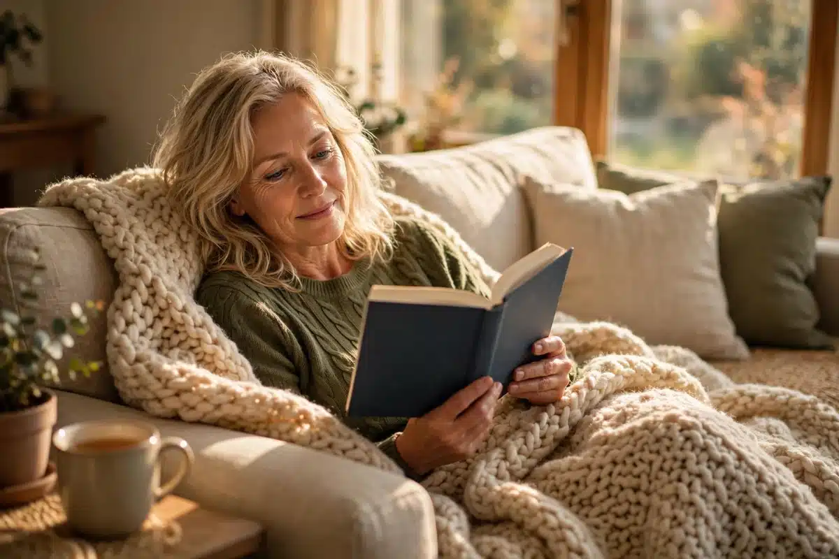 Photo of a woman resting on her sofa at home under a soft blanket, reading a book peacefully