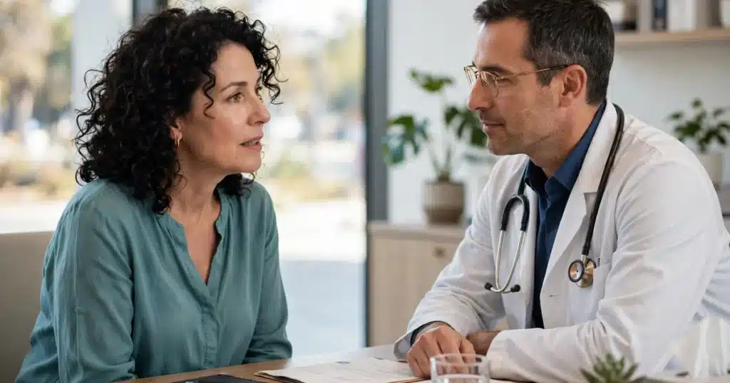 Photo of a woman in her 50s with curly dark hair talking with her oncologist in a bright modern clinic office