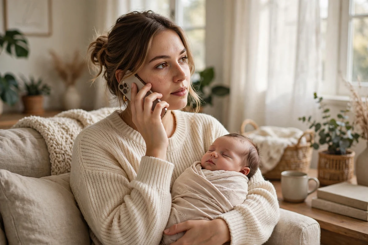 Photo of a young mother holding her sleeping baby while talking on the phone at home
