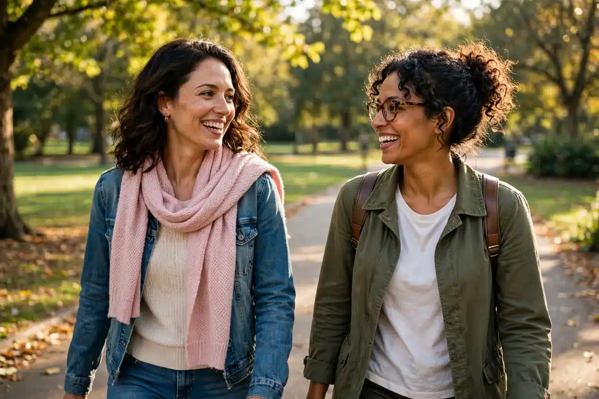 Photo of two women friends walking and smiling together in a sunny park, one wearing a soft pink scarf