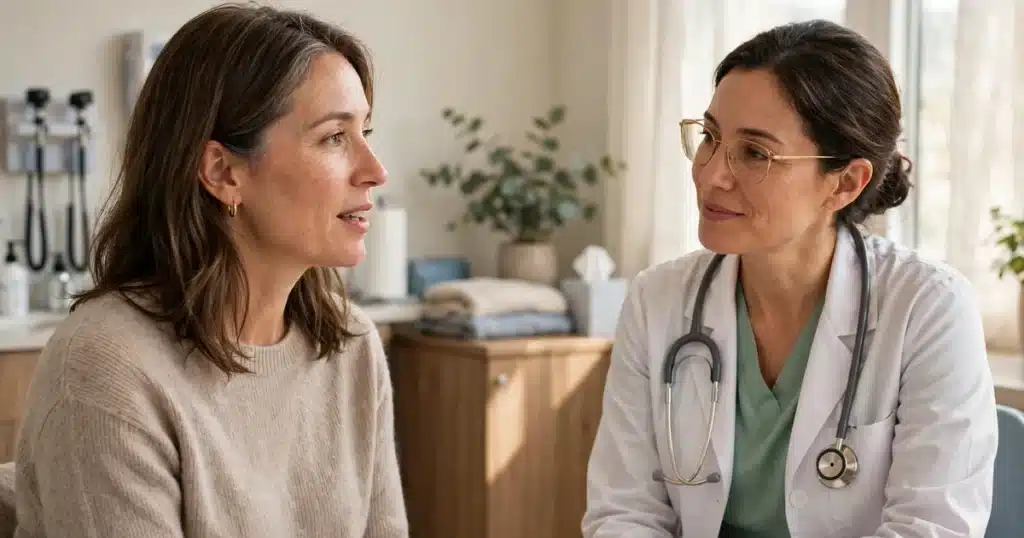 Photo of a woman in her 40s talking with her doctor in a bright doctor's office