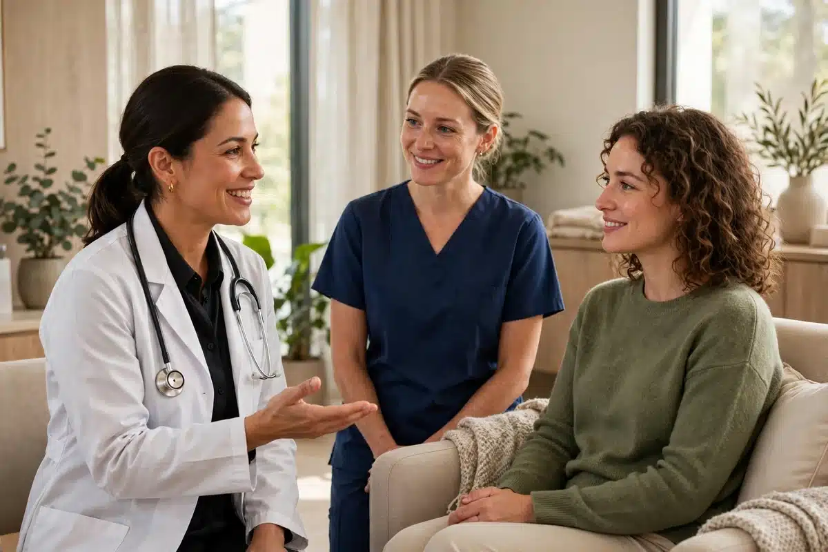 A surgeon and nurse in consultation with a patient in a bright pre-surgery consultation area.