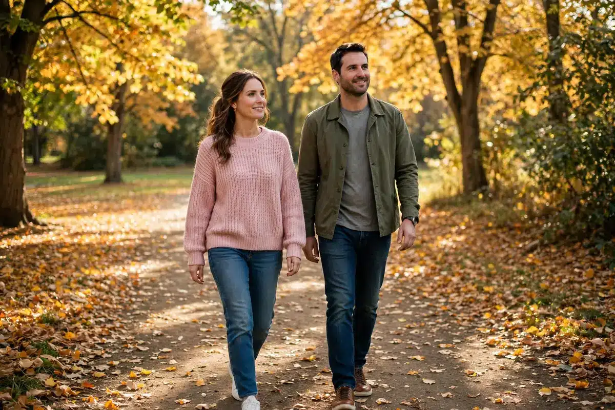 A couple walking together on a sunlit park path in a hopeful mood.