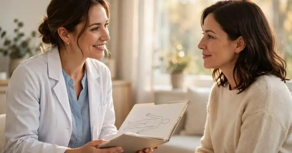 A woman patient talking warmly with a female doctor in a bright sunlit clinic room before surgery planning.