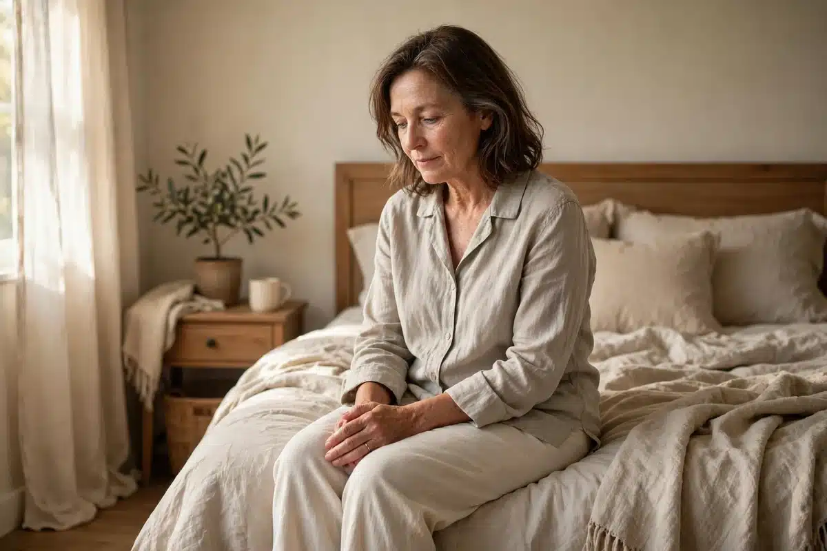 Photo of a woman sitting on the edge of her bed at home in soft early morning light, pausing quietly as she starts her day