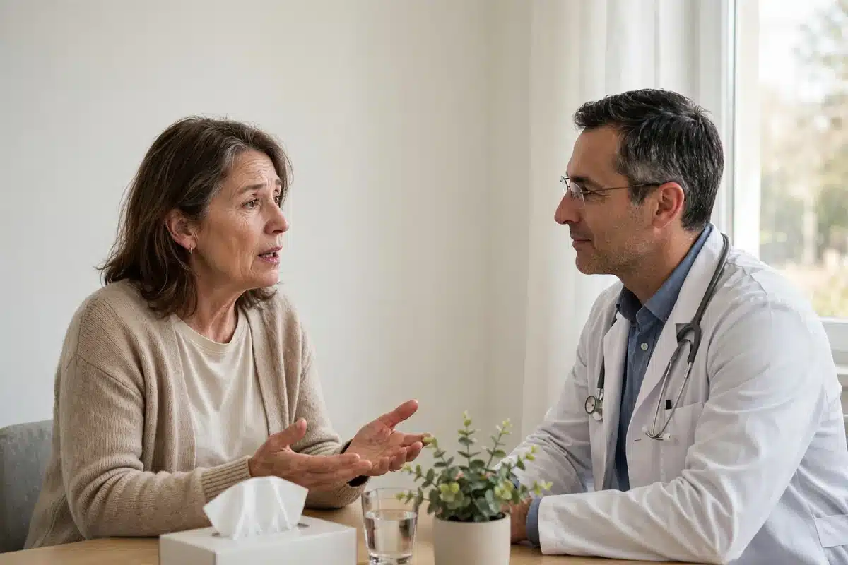 Photo of a woman talking openly with her doctor in a bright clinic room about the frightening thoughts that keep popping up, the doctor listening calmly