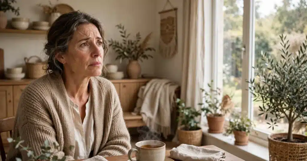 Photo of a woman sitting by a bright window at home with a cup of tea beside her, looking thoughtful as an unwelcome thought crosses her mind