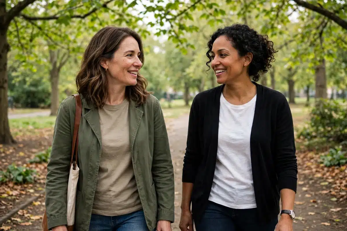 Photo of a woman in her 40s walking side by side with a close female friend on a leafy park path, talking together, relaxed and hopeful, soft daylight, casual plain clothing, warm hopeful mood, no readable text, no logos
