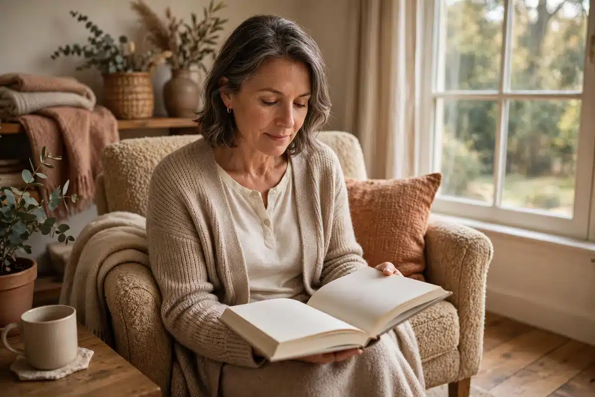 Photo of a woman in her 50s sitting in a comfortable armchair at home near a large window, reading a book with blank pages, calm and peaceful, soft daylight, cozy warm interior, no readable text, no logos