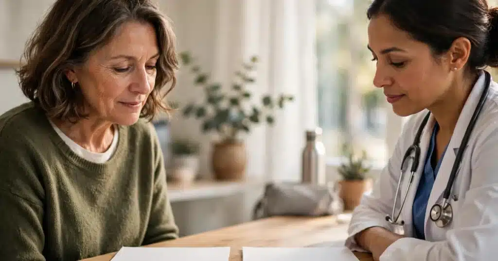 Photo of a woman in her 50s talking with a female doctor in a bright clinic consultation room, reviewing plain papers, calm, natural window light