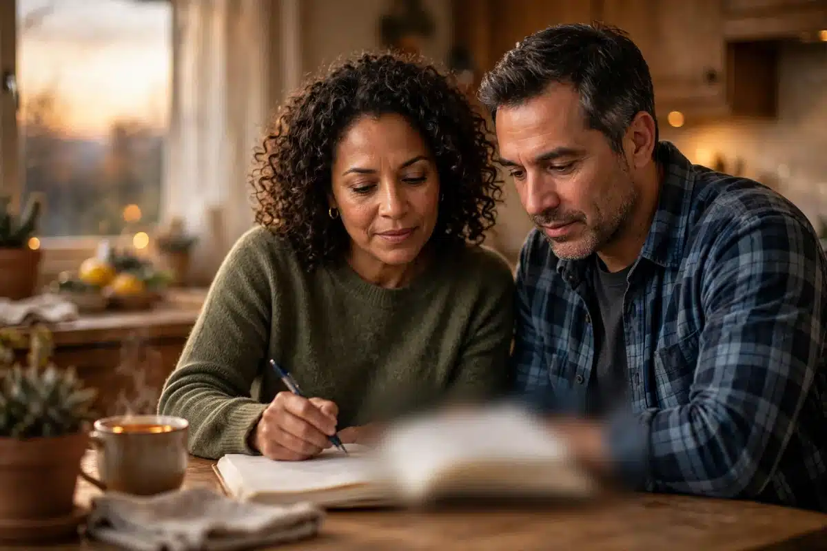 Photo of a woman and her husband reading through a treatment notebook together at their kitchen table