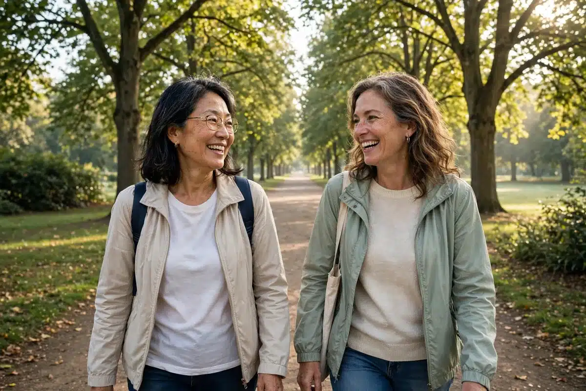 Photo of a woman taking a gentle walk in a park with a friend during treatment