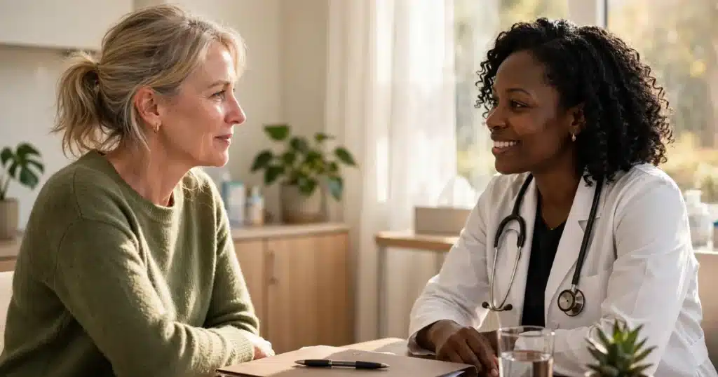 Photo of a woman discussing her treatment plan with her doctor in a bright clinic office