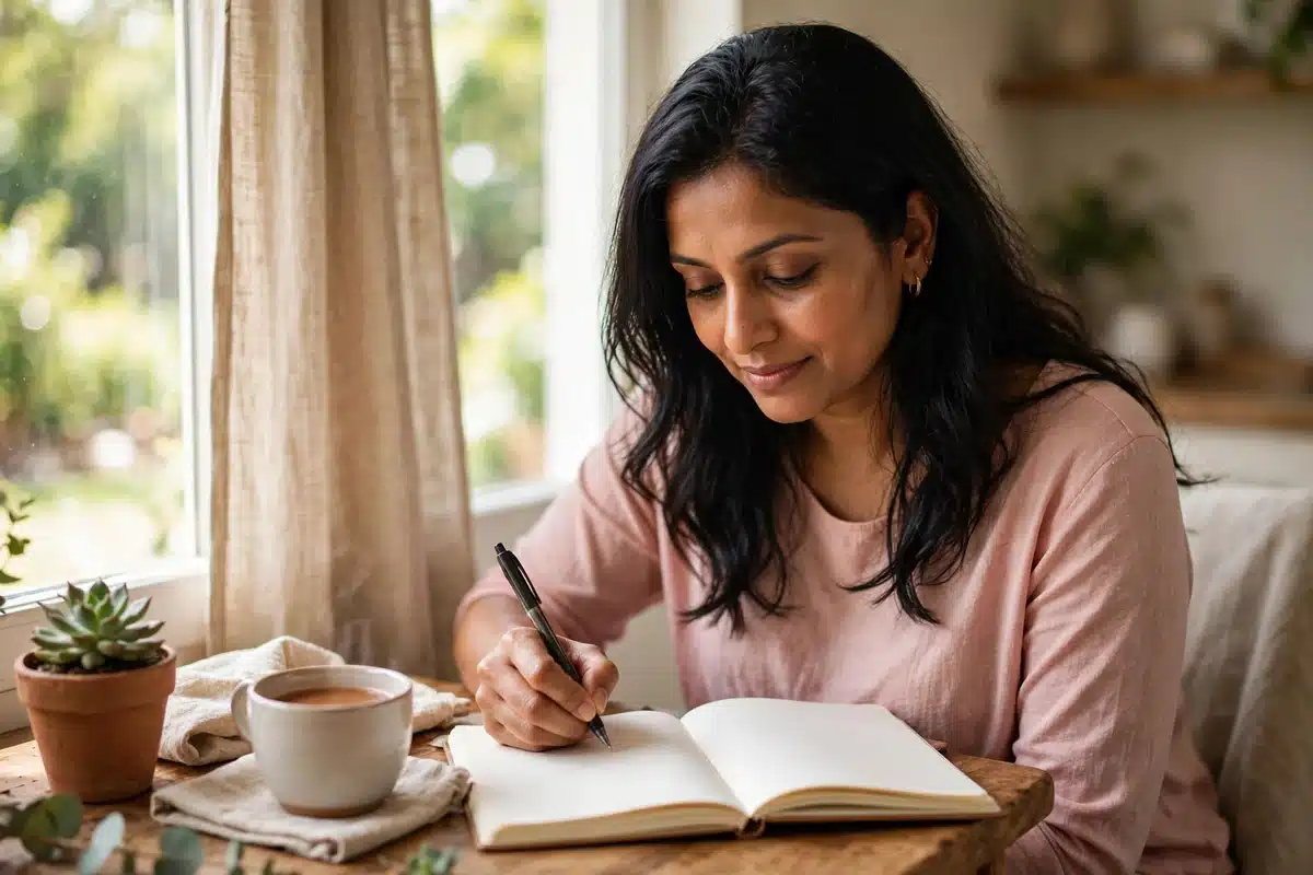 Photograph of a woman with long dark hair in a pink top writing in an open notebook at a table by a window, with a cup of tea and a small potted succulent beside her