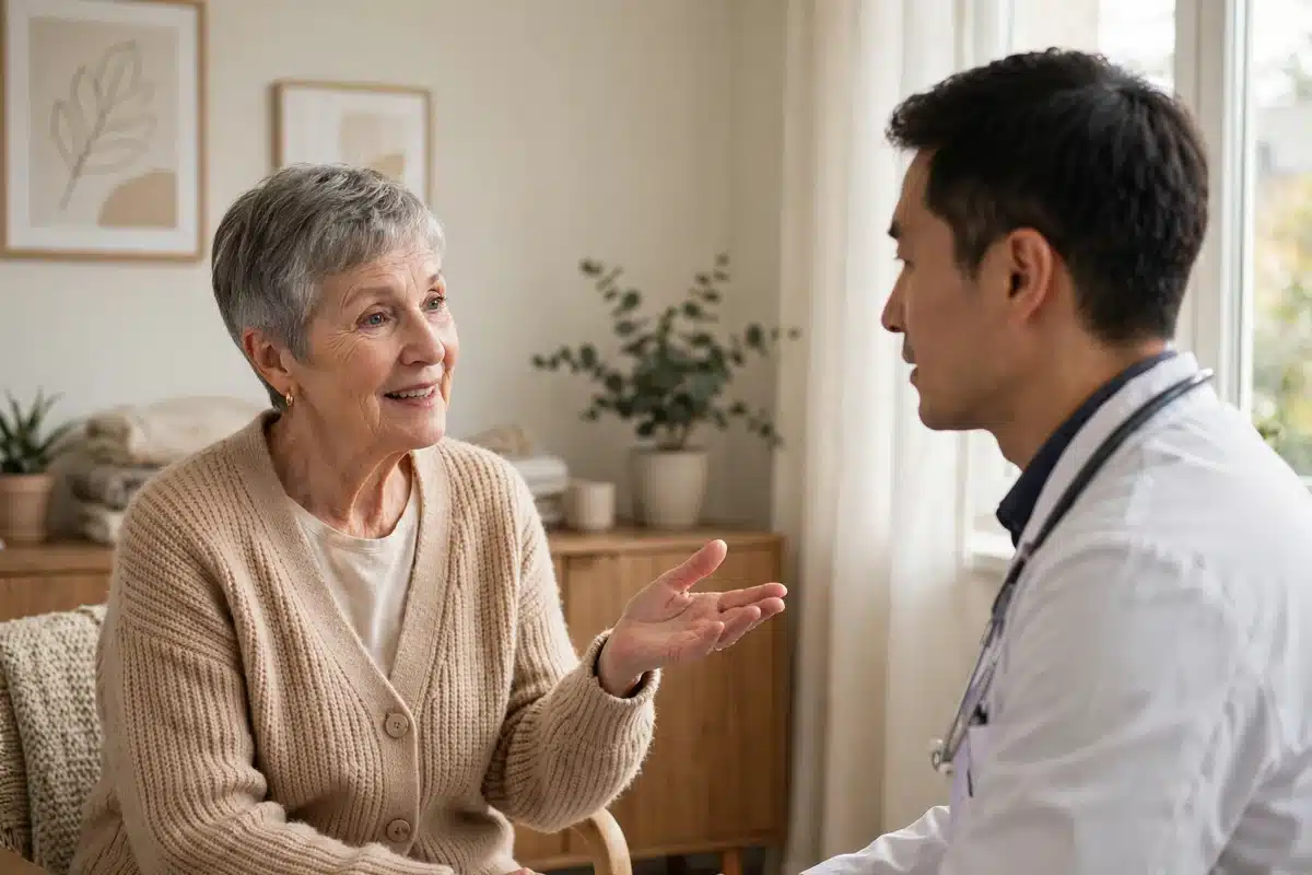 Photograph of an older woman with short grey hair in a beige cardigan talking with her doctor, who wears a white coat and a stethoscope
