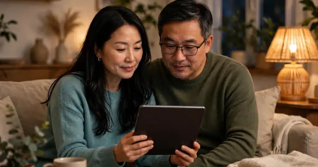 Photograph of a couple sitting together on a sofa in the evening, looking at a tablet the woman is holding