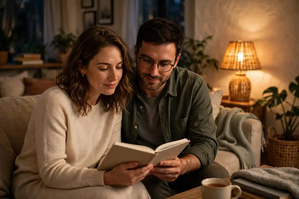 Photo of a woman and her husband reading a notebook together on their sofa in warm evening light