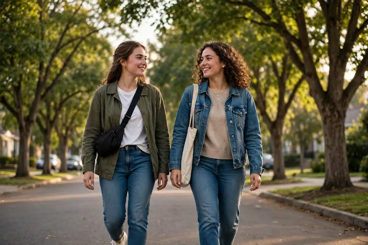 Photo of two women walking and talking together on a tree-lined street in soft sunlight