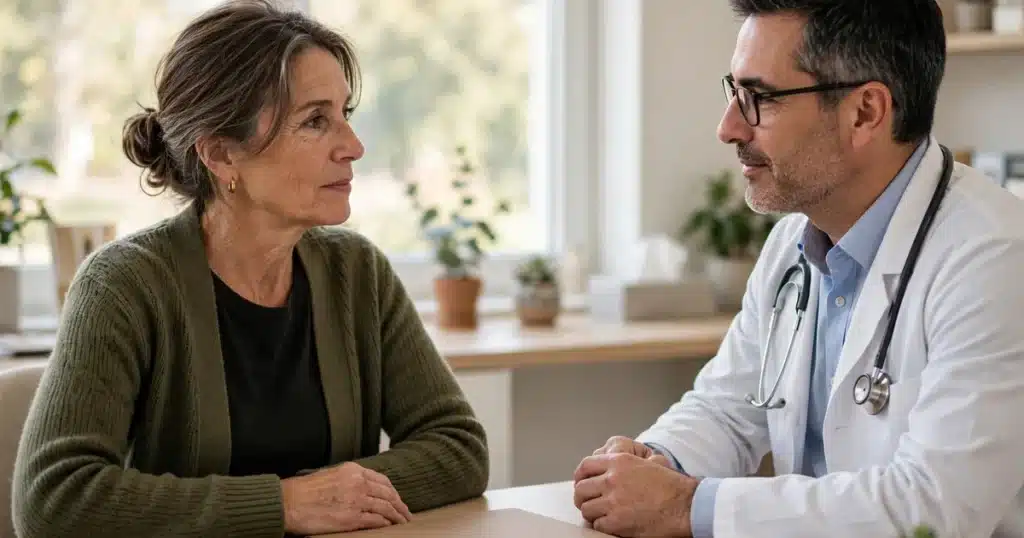 Photo of a woman talking with her oncologist across a desk in a bright office