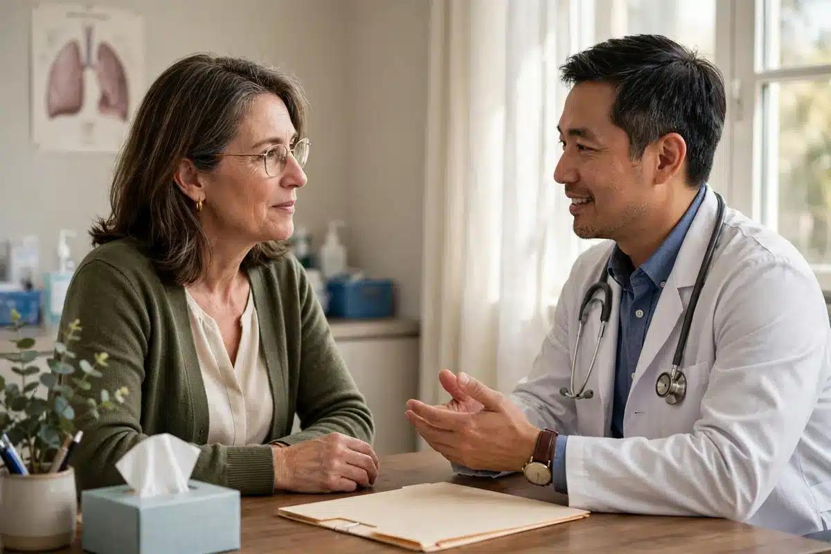 Photo of a woman in her 50s talking with her doctor in a bright clinic office about her pathology results, both calm and engaged, natural window light