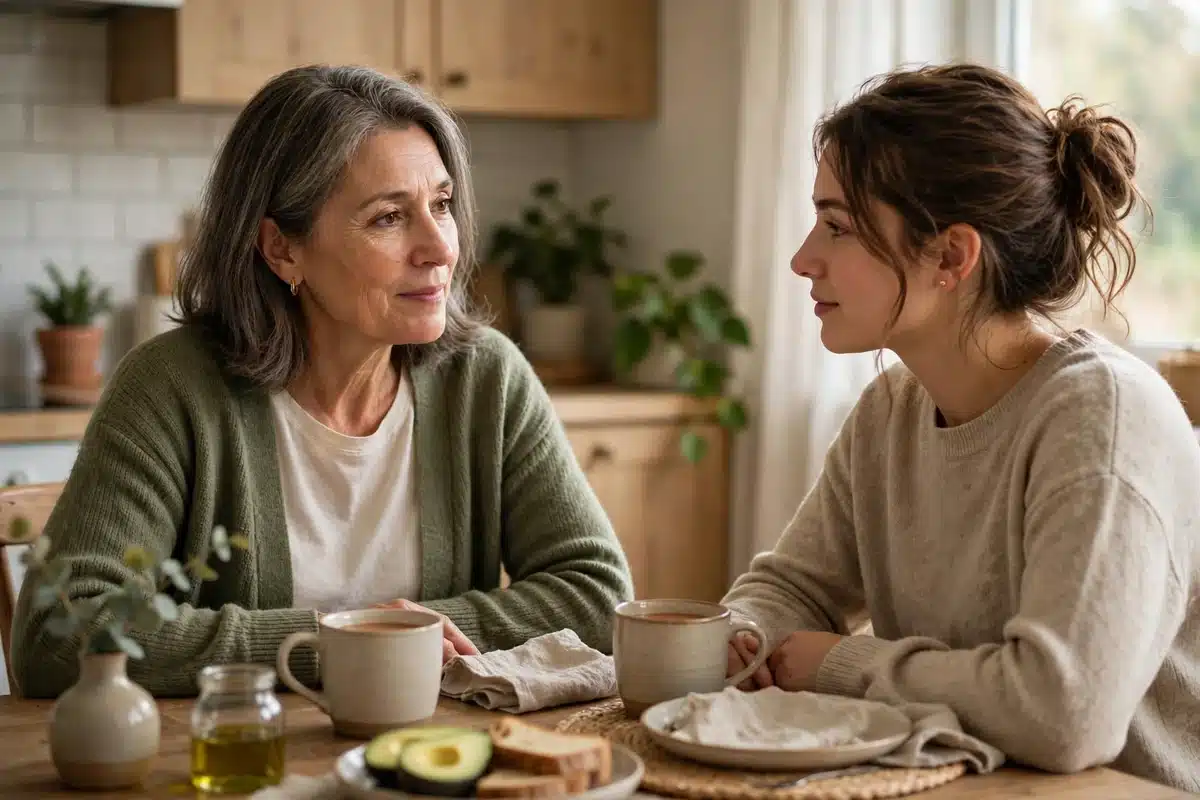 Photo of a woman in her 50s sitting at a kitchen table at home with a close family member, talking quietly together in soft morning light, calm supportive mood