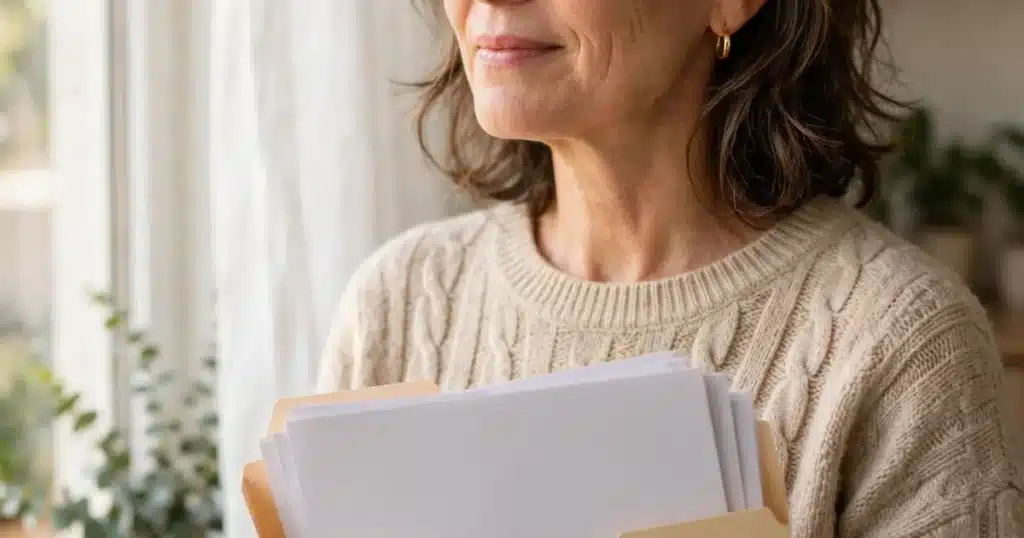 Photo of a woman in her 50s standing by a bright window at home holding a folder of plain blank papers, thoughtful and calm, soft natural daylight