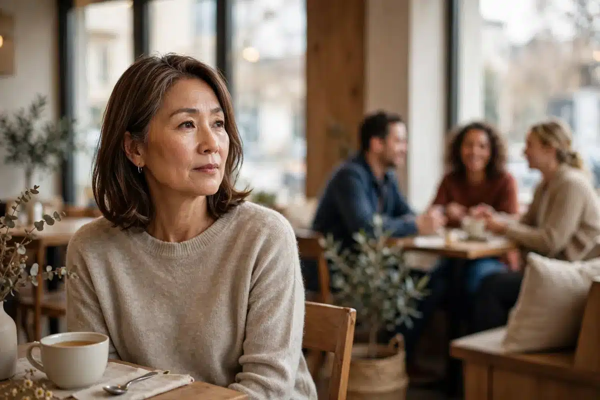 Photo of a woman in her 50s sitting alone at a café table with a cup of tea, looking thoughtfully toward a group of friends chatting nearby in soft daylight