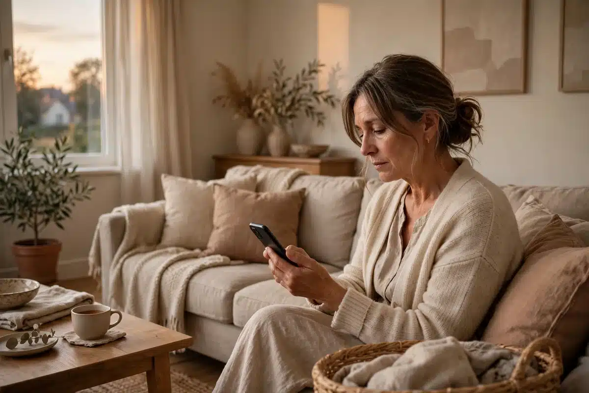 Photo of a woman in her 50s sitting on her sofa at home looking at her phone with a wistful, thoughtful expression in soft evening light