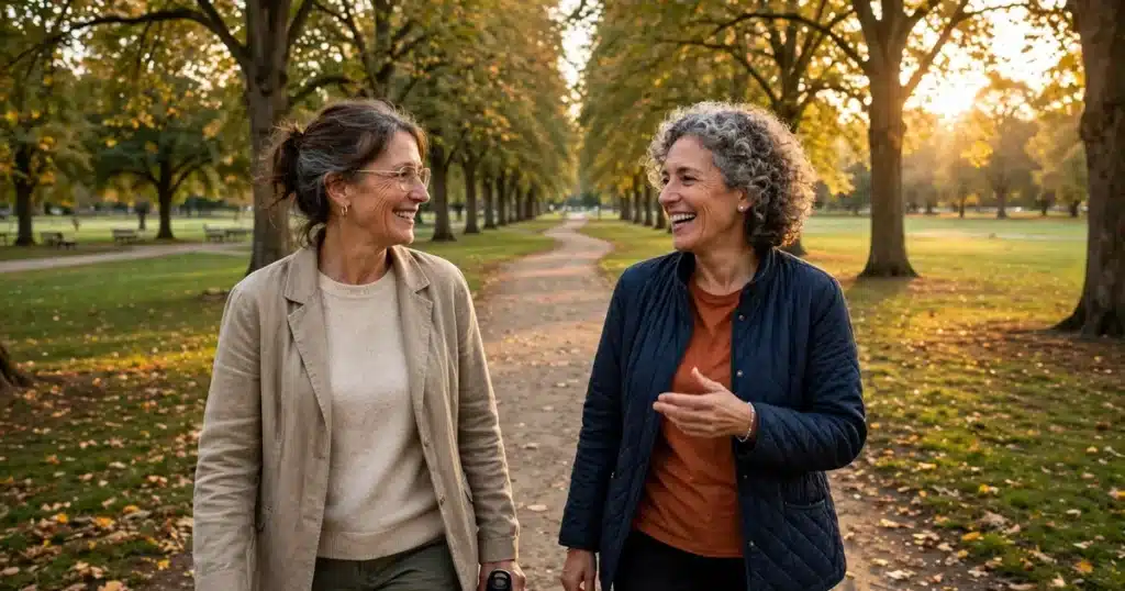 Photo of a woman in her 50s walking in a park with a close friend, talking together in warm afternoon light, relaxed and at ease