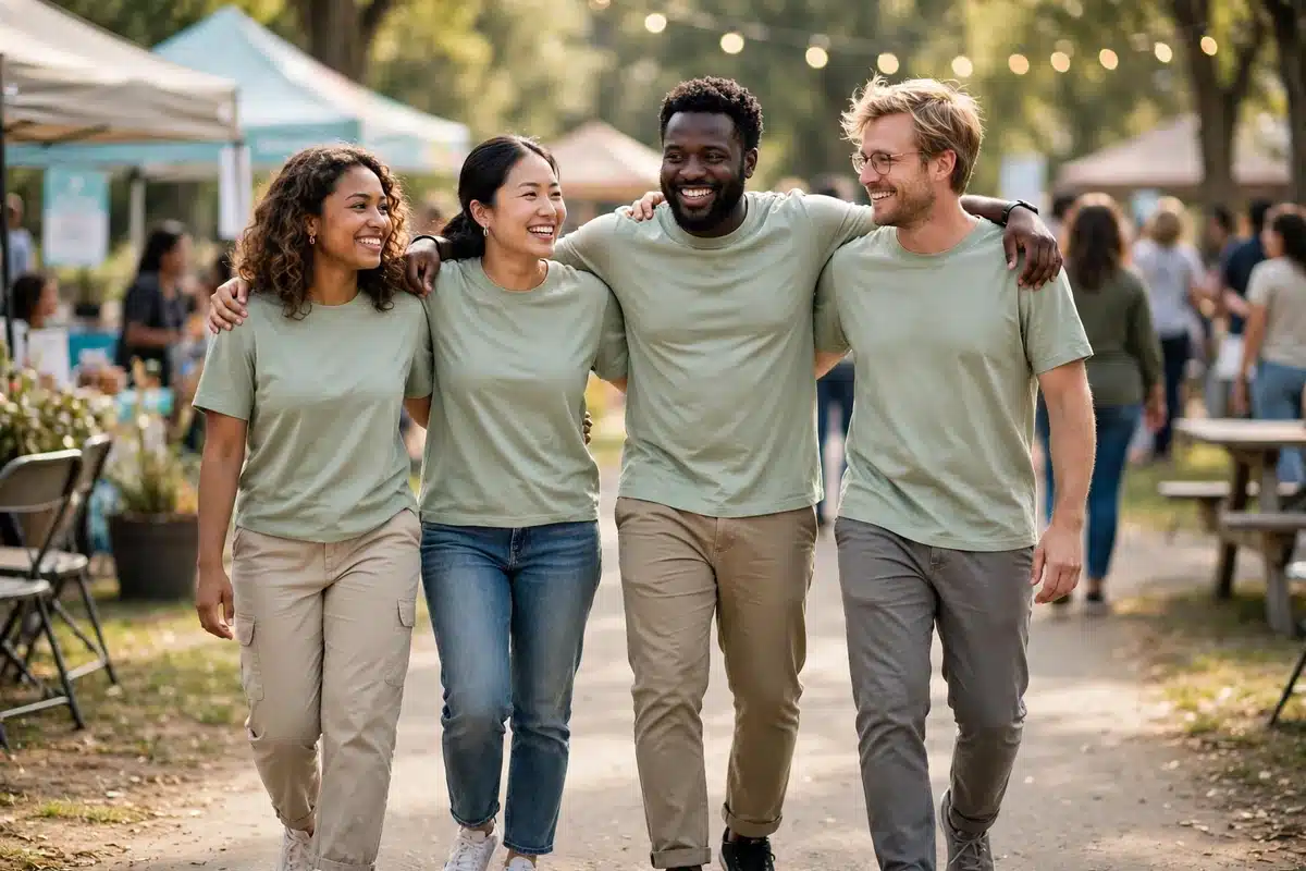A small team of friends in matching soft-color shirts walking together with arms around each other's shoulders at a community event