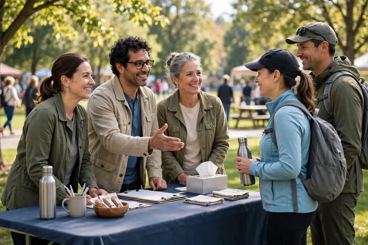 Volunteers at a registration table greeting walkers warmly at an outdoor community event